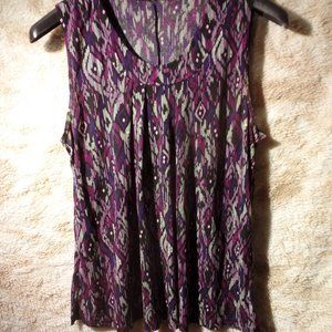 Roz & Ali black stretchy top with purple & pink geometric design 1X